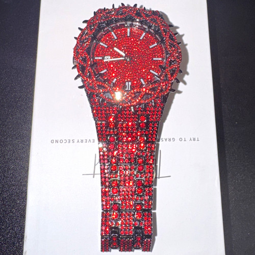 Red moissanite iced out watch - red,